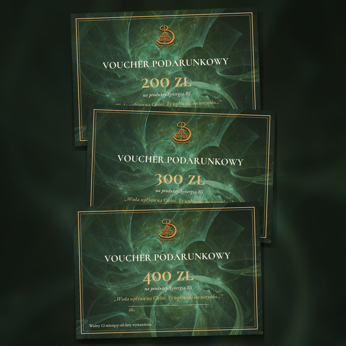 Voucher podarunkowy Synergia.BS na 200, 300 i 400 zł, zielone tło z miedzianym logo
