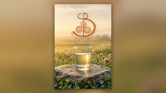 Szklanka wody na kamieniu wśród łąki w porannym słońcu, nad nią miedziane logo Synergia